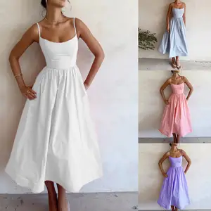 Penjualan laris 2024 gaun wanita desain baru musim panas desain baru gaun Bodycon tanpa lengan elegan gaun Macrofold Solid pinggang tinggi