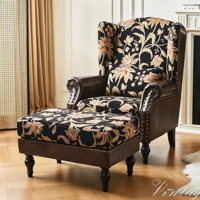 Flower Tiger Sessel im französischen Retro-Stil, Stoff-Leder-Kombination, Einzelsessel, amerikanischer Wohnzimmer-Hochlehner, lässiges Einzelsofa