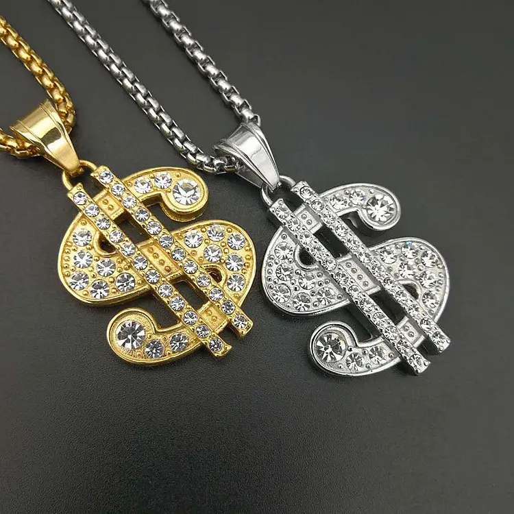 Vendita calda Hip Hop personalizzato dollaro simbolo a forma di titanio in acciaio inox lettera numero ciondolo collana di diamanti