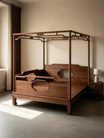 Cama King Size de Madera Maciza Tallada Estilo Chino, Estructura de Cama con Dosel de Cuatro Postes de Nogal, Juego de Muebles de Dormitorio King de Lujo