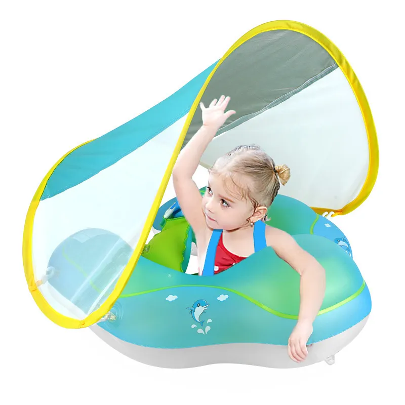 Baby Swimming Float Inflatable Pool Float Ring with Sun Protection Canopy,add Tail no flip Over for Age of 3-36 Months