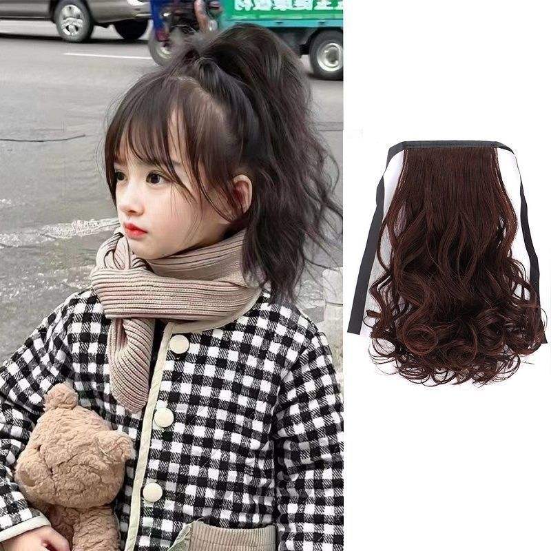 Cute children's wavy ponytail - tie style [dark brown] 30cm