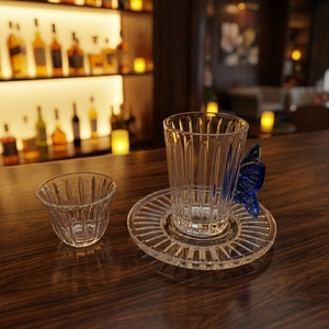 Moroccan Glass Tea <b>Cup</b> and Saucer <b>Set</b> Butterfly Handle Ribbed Round Drinkware for Afternoon Tea and Coffee Espresso Gift Use - Product Image 6