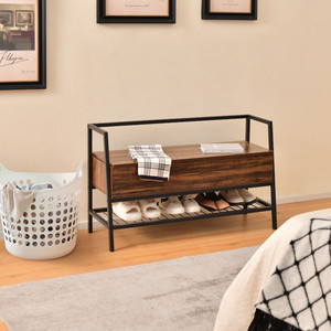 Industrial Shoe <b>Bench</b> with Storage Space and Metal Handrail Multi-functional Use Sturdy Durable Spaces Rustic Shoes Collection - Product Image 5
