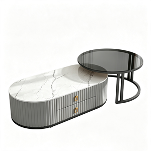 <span class=keywords><strong>Tavolino</strong></span> da Caffè in Pietra Sinterizzata Italiana di Lusso, Mobile TV Moderno Minimalista in Vetro Rotondo, Set per Soggiorno - Product Image 4
