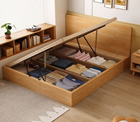 Lit plateforme pneumatique moderne japonais minimaliste en pin massif avec rangement intégré et tête de lit fine sur pieds