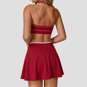 GH 拼色女式 <span class=keywords><strong>2</strong></span> 件套运动裙裤套装 健身运动挂脖健身文胸交叉腰裙 女士网球服 - Product Image 3