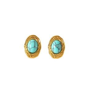 Pendientes de tuerca ovalados de turquesa, ónix negro y ojo de tigre, chapados en oro, con engaste de bisel de acero inoxidable, para mujer, joyería de moda. - Product Image 5