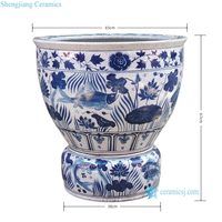 RXGB03-E-LD Bol à poissons en porcelaine bleu et blanc, peint à la main, avec glaçure craquelée, motif étang aux lotus et algues, avec support séparé assorti