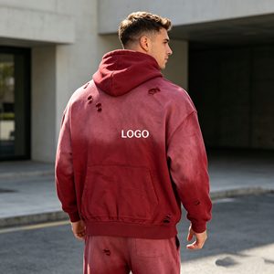 Sudadera con capucha para hombre con cremallera, estilo rasgado y desgastado, con estampado en relieve y lavado ácido, 500G, de felpa francesa 100% algodón, para hombre. - Product Image 5