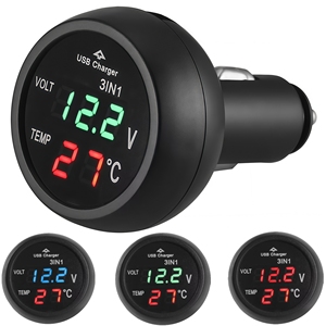 Moniteur de batterie de voiture 3-en-1 : Voltmètre numérique LED, Port de charge USB et Thermomètre, Adaptateur allume-cigare USB - Product Image 1