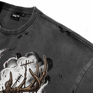 เสื้อยืดพิมพ์ลายกวางพังก์แบบ DTG สำหรับผู้ชาย เนื้อผ้าระบายอากาศได้ดี คุณภาพสูง ผ้าฝ้ายฟอกสีแบบแอซิดวอช แขนสั้น สำหรับขายส่ง - Product Image 4