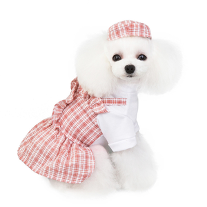 Kariertes Hundeprinzessinnenkleid mit Hut |   Geschirr-Integriertes Haustier-Outfit für Kleine Hunde mit Kappe - Product Image 4