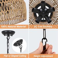 Lustre Bohème en Rotin à 5 Lumières, Suspension LED Dimmable pour Salle à Manger Style Ferme, Abat-jour en Osier pour Îlot de Cuisine