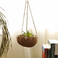 APSS - Pot suspendu rond en coquille de noix de coco fait main avec corde - Écologique - Naturel - Pour la maison et le jardin - Modèle Karnataka - APSS-CS-SP-15