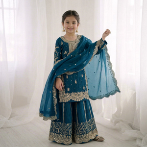 Ensemble Anarkali traditionnel brodé bleu sarcelle pour filles, tenue de mariage, coupe régulière, style indien pakistanais, longueur ras du sol, en polyester - Product Image 1