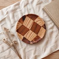 Plateau de service en bois naturel à motif damier, assiette à collation et dessert, plateau rond pour fruits, pain et gâteaux