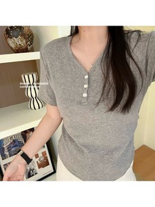 Summer New Wide Loose Shoulder Buttons Half Open V-Neck Short Sleeve Anti-pilling Washed <strong>T</strong>-<strong>shirt</strong> <strong>Joker</strong> Slim ToP - Product Image 5