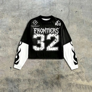 T-shirt Grafica Personalizzata Oversize in <span class=keywords><strong>Cotone</strong></span> Pesante da Uomo, Stampa Fiamma Effetto Stratificato, Stile Vintage Distressed Streetwear Gotico - Product Image 1