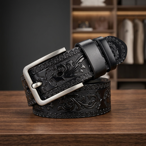 Ceinture décontractée en cuir de vachette avec boucle ardillon tête de mort en acier, imprimée par transfert thermique, solide, légère, écologique, pour fêtes et mariages, largeur 3,8 cm, longueur 138 cm - Product Image 4