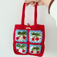 Tas Bahu Persegi Portabel Dua Tali Bordir Bunga Rantai Rajut Katun Buatan Tangan Motif Ceri Fashion Wanita Vintage Dapat Disesuaikan