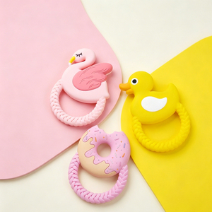Mordedores de Silicona con Forma de Pato Rosa y Anillo, Juguetes de Dentición Suaves y Masticables para Bebés - Product Image 1