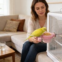 Mangeoire suspendue pour oiseaux avec perchoir, distributeur de nourriture pour cage à oiseaux pour petits et moyens perroquets, oiseaux de compagnie
