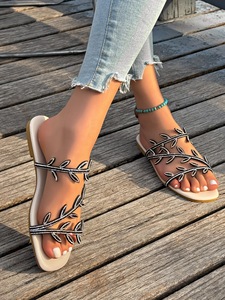 Sandalias planas para mujer con diseño de hoja y diamantes de imitación, elegantes, brillantes, a la moda, informales, para verano. - Product Image 4