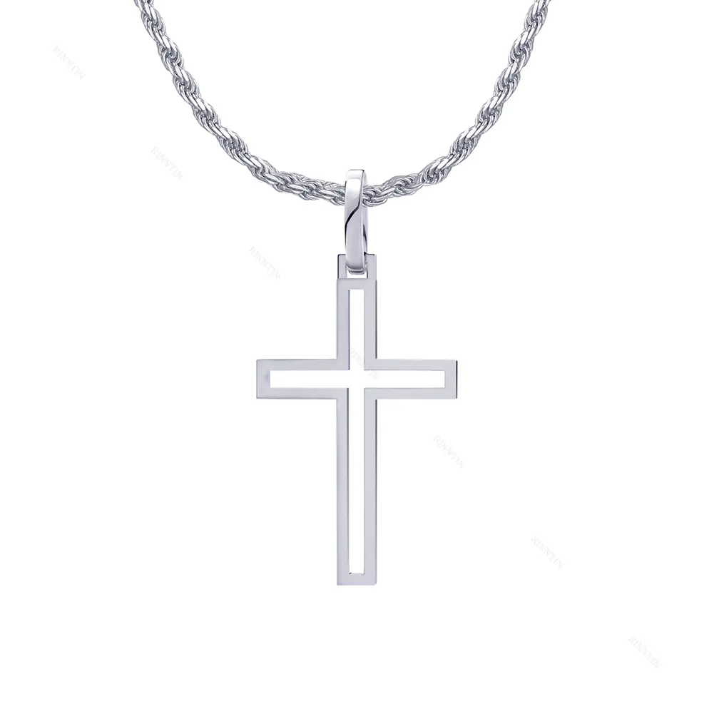 RINNTIN NMN05, collar con colgante de Cruz personalizado para hombre en plata de ley 925, Cruz recortada en 20 ''22'' 24 '', cadena de cuerda, regalo de joyería