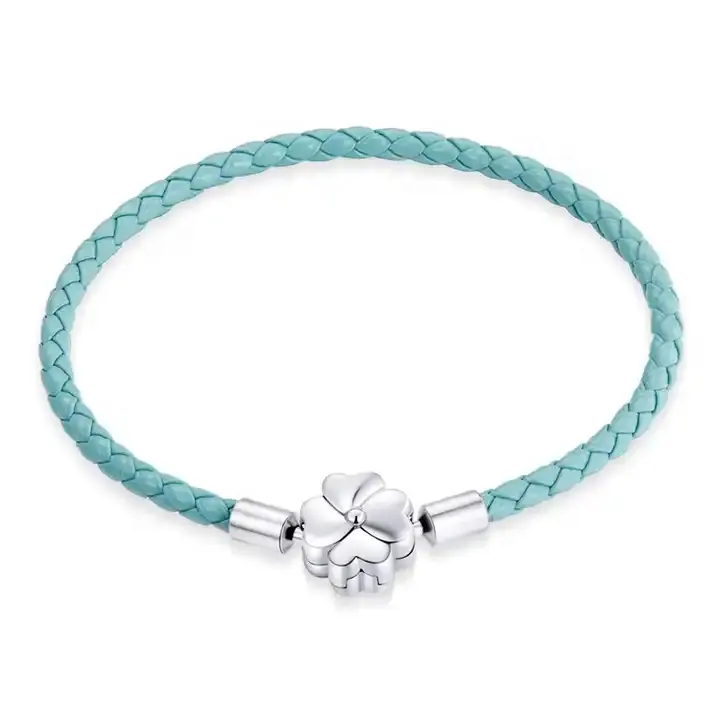 custom 925 silver engraved wholesale bracelets zircon crystal lucky couple leather four leaf clover charm bracelet for women