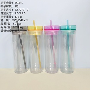 Double Walled <b>Straw</b> <b>Cup</b> With <b>Lid</b> <b>And</b> <b>Straw</b> 16 Oz Transparent Travel Drinkware Set Solid Color For Everyday Use - Product Image 2