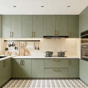 Juego de Muebles de Cocina Balom Personalizados con Acabado en Madera Verde, Tiradores Dorados, Almacenamiento Integrado, Muebles de Cocina Modernos para Villa - Product Image 1