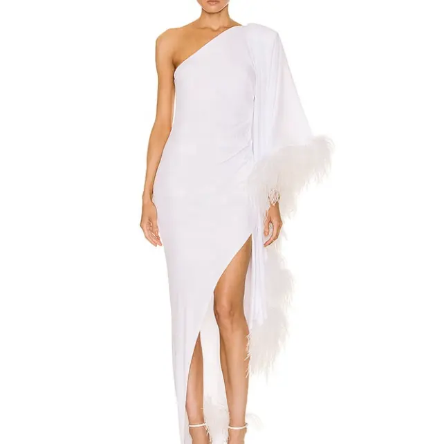 Fashion design high quality custom white feather dress maxi long dresses