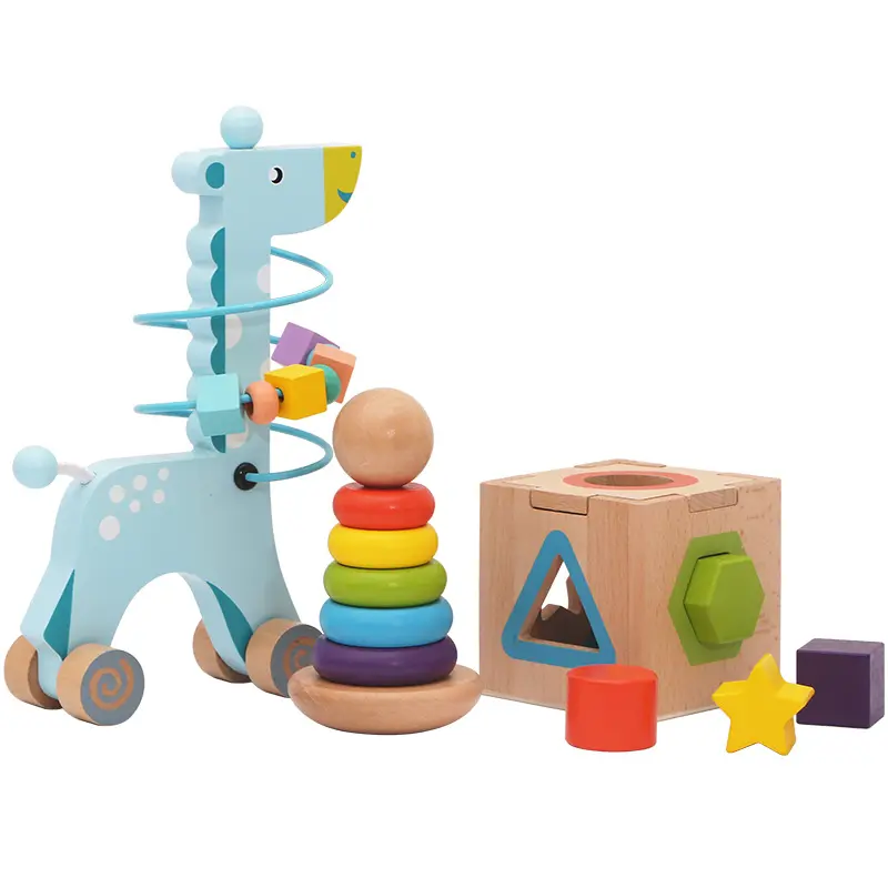 2024 Nieuwe Aankomst Montessori Baby Houten Giraffe Kralen Loopvorm Bijpassende Regenboog Stapelset Educatief Cadeau Speelgoed Voor Kinderen