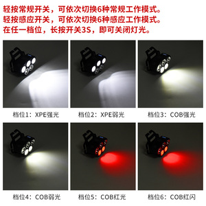 Lampe frontale Hercamp XPE+COB 5 LED rechargeable avec capteur de lumière rouge, batterie intégrée 2400 mAh, éclairage extérieur haute intensité - Product Image 5