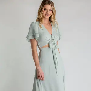 卸売服女性夏セクシーなクロップトップとマキシセットスカートツーピース衣装マッチングセット