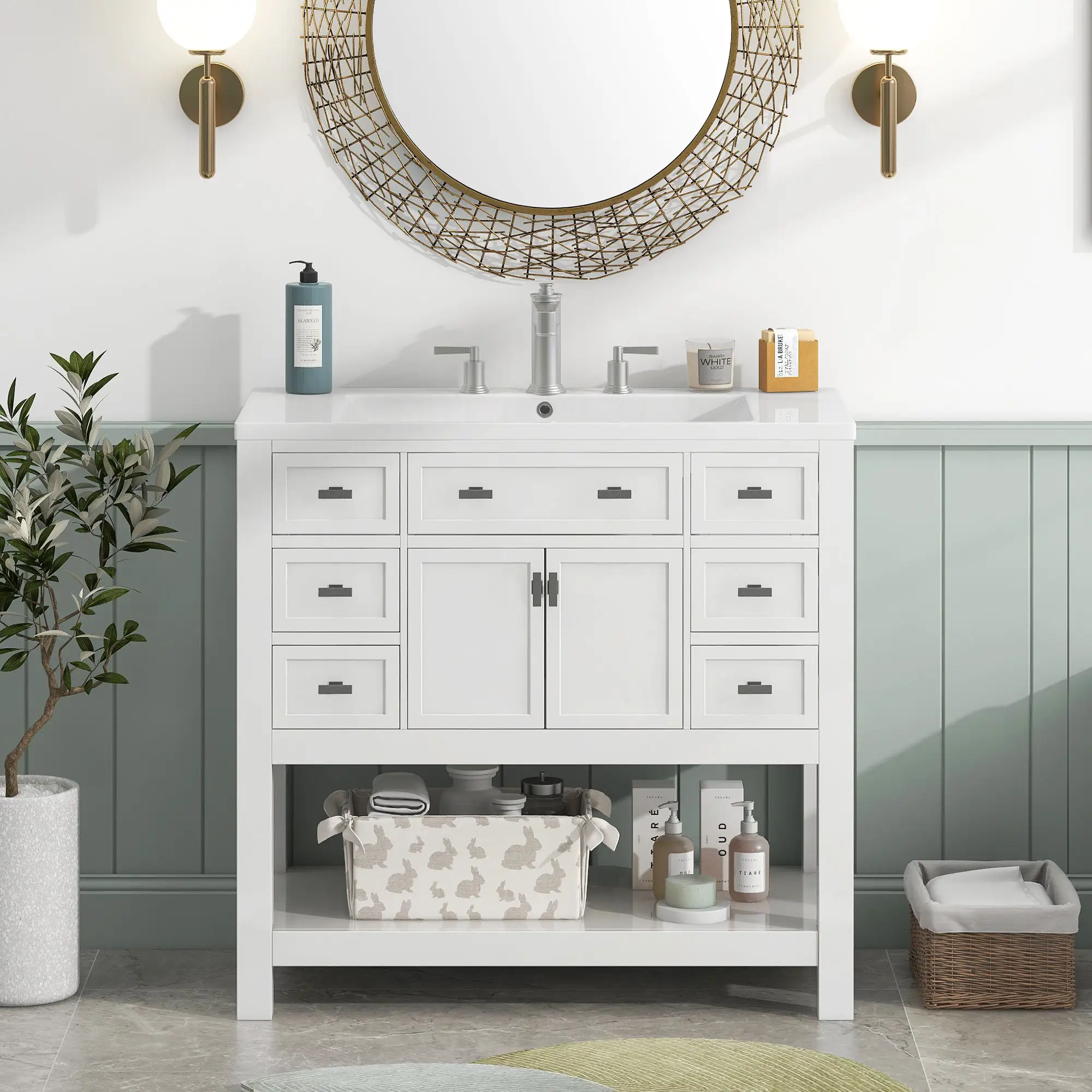36 дюймов белая американская живопись шкаф для ванной комнаты 90 см Современный стиль керамическая раковина и туалетный столик из массива дерева