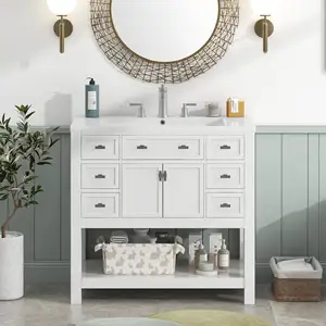 Armário de banheiro com pintura americana branca de 36 polegadas, lavatório de cerâmica estilo moderno de 90 cm e lavatório de madeira maciça