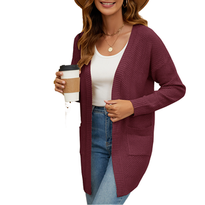 Cárdigan de Punto para Mujer, Superventas de Verano, Acrílico Sólido, Casual, Cuello en V, Manga Larga, Transpirable, con Bolsillos y Botones Simples - Product Image 1