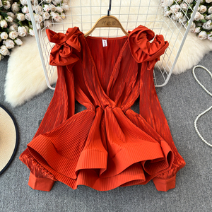 Ruffle Waisted Shirt Women's V-Neck Solid Color 3D Petal <b>Top</b> Fashion - Product Image 5