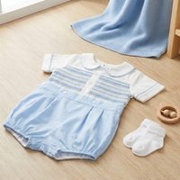 Barboteuse d'été à manches courtes pour bébé garçon, bleue à rayures, en tissu tissé respirant, écologique, douce, smockée, col Peter Pan, de haute qualité