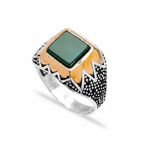 Square Green Agate Gemstone Round Emerald Stone Design Ottoman <b>Men's</b> <b>Ring</b> Turkish Handmade Wholesale Authentic <b>Silver</b> <b>Men</b> <b>Ring</b> - Product Image 2