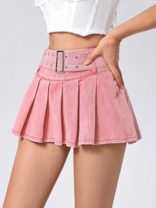 Estate donna nuova moda elegante vita alta rosa Denim Mini <span class=keywords><strong>gonna</strong></span> plissettata cintura vita Design plissettato per Casual Sexy lavato - Product Image 5