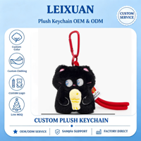 Porte-clés en peluche chat noir mignon avec broderie de petit poisson, pendentif chaton rembourré, cordon de suspension avec mousqueton rouge pour sac et sac à dos
