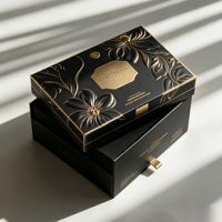 Boîte rigide à deux pièces avec couvercle et base, logo personnalisé, brun foncé, texture côtelée, estampage à chaud en feuille d'or, pour boîte de parfum