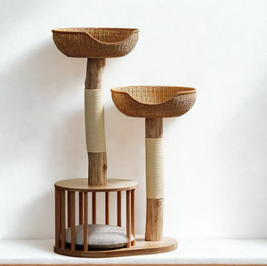 Luxury Modern Solid Wood <strong>Cat</strong> Tree with Wicker Condo Space Saving <strong>Scratching</strong> Post and Activity <strong>Tower</strong> for Small Apartments - Product Image 1
