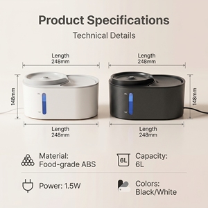 <span class=keywords><strong>Fontaine</strong></span> à eau intelligente pour animaux de compagnie en plastique ABS <span class=keywords><strong>6L</strong></span> avec circulation automatique, distributeur pour chats et bol à boire ultra-silencieux - Product Image 6