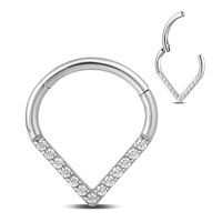 Cincin Septum Bentuk V Grade Implan 16G, Zirkon Bentuk Tetesan Air, Cincin Hinged Segment Hoop untuk Hidung, Clicker Tetesan Air untuk Tindik Hidung