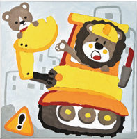 Excavatrice Lion avec Ours Ami en Argile Moulée - Décoration Murale en Argile Faite à la Main, Véhicule de Construction de Dessin Animé