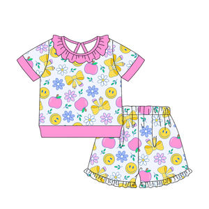 GSSO3524 Conjunto de Verano Personalizado para Niña Pequeña con Estampado de Flores Rojas, Ropa Infantil al por Mayor, Conjunto de Regreso a Clases de Manga Corta para Niña - Product Image 3